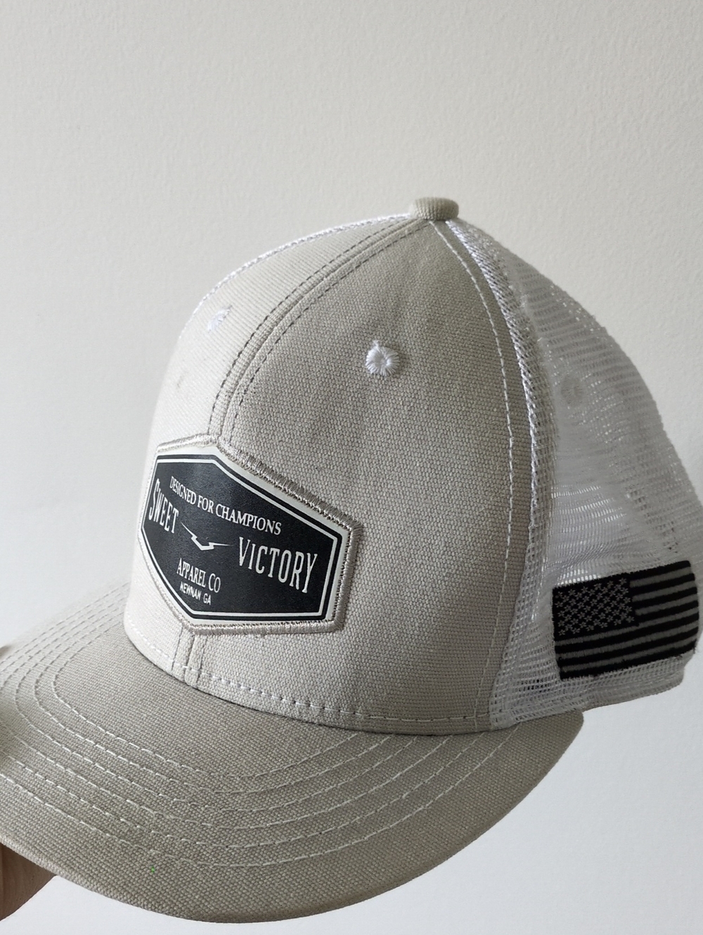 Neutral Beige and White Trucker Hat with Victory Patch